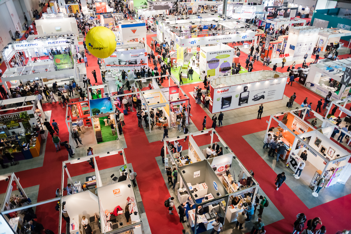 Aerial view of an organised trade show floor